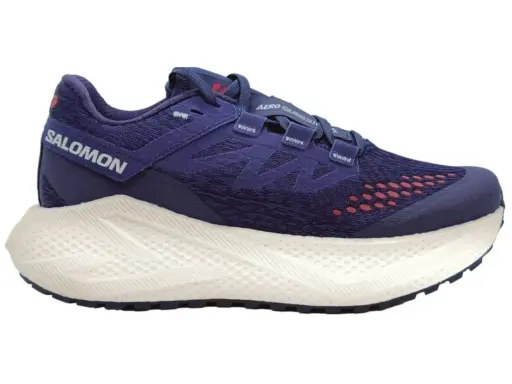 Granatowe buty Salomon Aero Glide 3 z białą podeszwą, idealne do biegania.