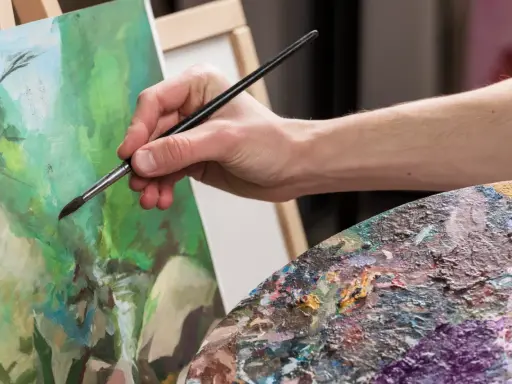 Main d'artiste appliquant la peinture sur une toile, palette colorée à proximité. Une belle technique de peinture en cours.