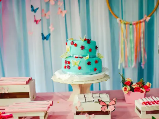 Torta a due piani decorata con farfalle e fiori in pasta di zucchero, su un tavolo rosa con palloncini rossi e caramelle.