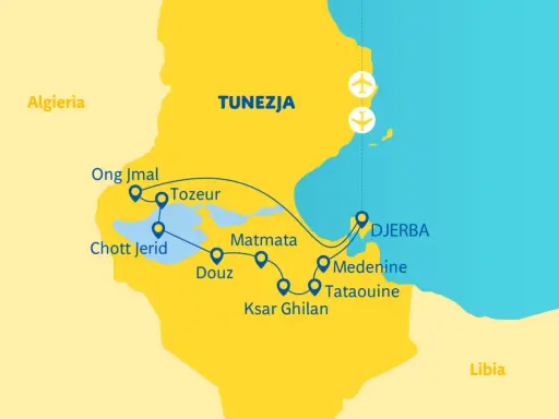 Mapa Tunezji z zaznaczonymi atrakcjami: Tozeur, Douz, Matmata, Ksar Ghilan, Medenine, Tataouine i wyspą Djerba. Gdzie jest Djerba? Na wschodnim wybrzeżu Tunezji.