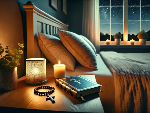 Na stoliku nocnym przy łóżku leży Biblia, różaniec i świeca. Gwiaździste niebo za oknem sprzyja wieczornej modlitwie.