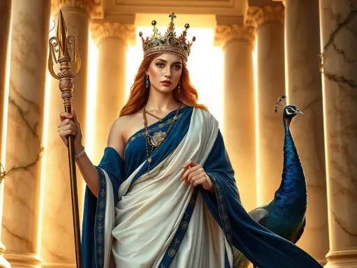 Hera, die Göttin, thront mit Krone und Dreizack, ein Pfau an ihrer Seite.