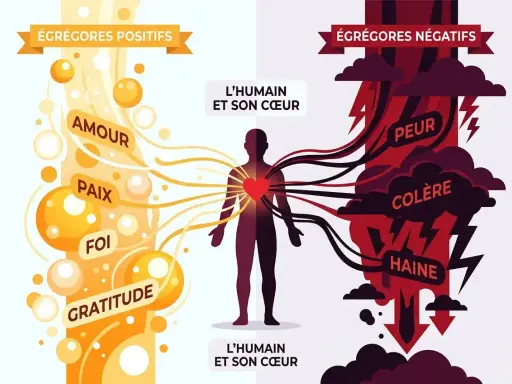 L'âme humaine est influencée par des égrégores positifs (amour, paix, foi, gratitude) et négatifs (peur, colère, haine).