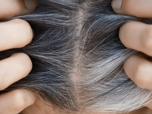 Nahaufnahme von grauen Haaren, die zeigen, ab wann man graue Haare bekommt. Hände trennen das Haar, um die Ansätze zu zeigen.