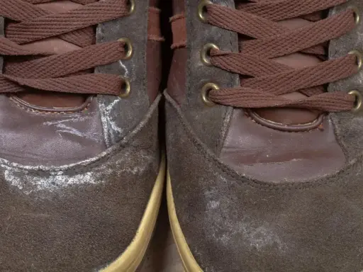 Brązowe zamszowe buty z białym nalotem, pokazujące jak usunąć wosk z butów zamszowych.