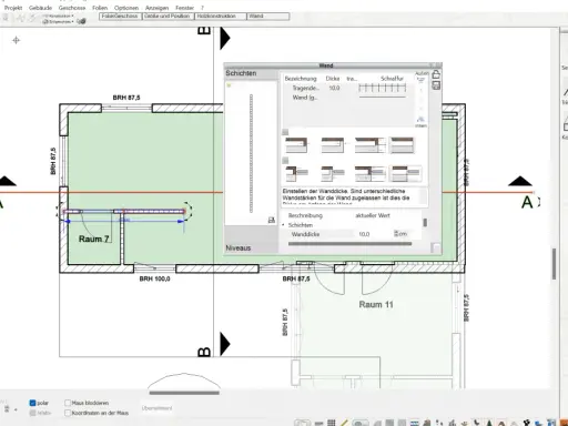 Fenster mit Wand-Eigenschaften, wo die tragende Wand dicke von 10 cm eingestellt wird.