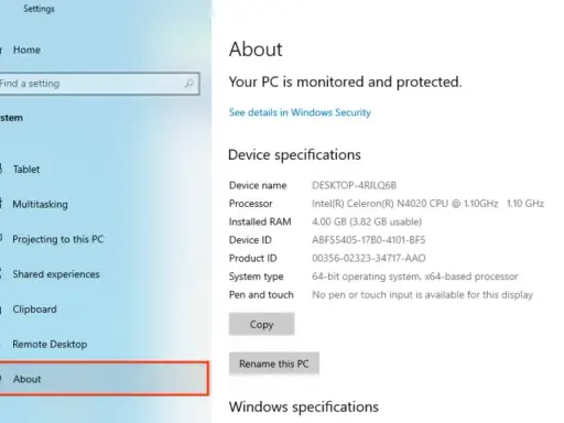 Jak sprawdzić podzespoły komputera? Widok "Informacje" w Ustawieniach Windows pokazuje specyfikacje urządzenia: procesor Intel Celeron, 4 GB RAM.