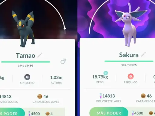 Umbreon y Espeon de Pokémon GO, con sus estadísticas y nombres.