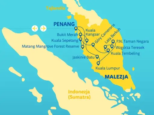 Mapa pokazuje, gdzie leży Malezja, z zaznaczonymi trasami podróży przez Penang, Kuala Lumpur i parki narodowe.
