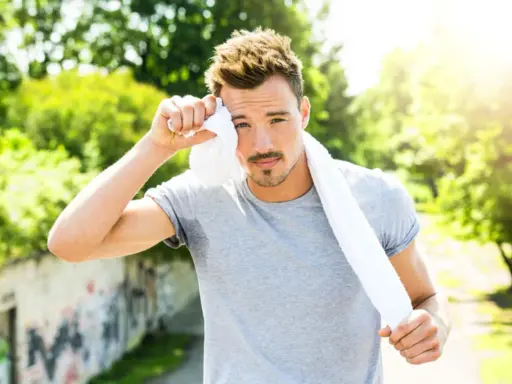 Ein Mann wischt sich mit einem Handtuch den Schweiß von der Stirn. Er hat gerade Sport getrieben und schwitzen Sportler mehr, wenn es warm ist.