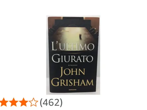 Copertina del libro "L'ultimo giurato", ultimo libro di John Grisham, con un tavolo da riunione e sedie.