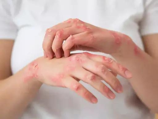 Mains atteintes de plaques rouges et squameuses, signe d'un psoriasis. La cause exacte reste complexe.
