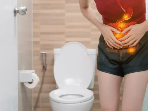 Mujer con dolor abdominal, con ilustración del sistema digestivo en rojo y naranja, frente a un inodoro.