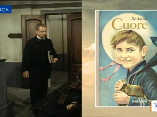 Un uomo in abito scuro tiene un libro, forse un riassunto di tutti i capitoli del libro Cuore di De Amicis, la cui copertina è visibile a destra.