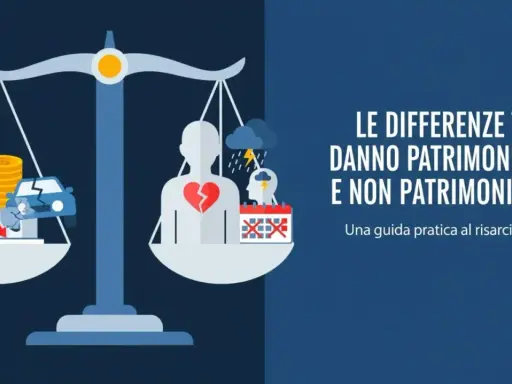 Bilancia che confronta danno patrimoniale (auto distrutta, soldi in calo) e danno non patrimoniale (cuore spezzato, stress, tempo perso).