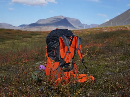 En orange och svart vandringsryggsäck står i en fält med höstfärger. Frågan är hur mycket gas vandring kräver för att nå toppen.