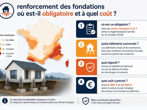 Illustration d'une maison sur fondations renforcées, avec une carte de France des zones sismiques. Le renforcement des fondations est obligatoire dans les zones 3 et 4.