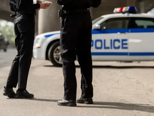 Dwóch policjantów stoi obok radiowozu.