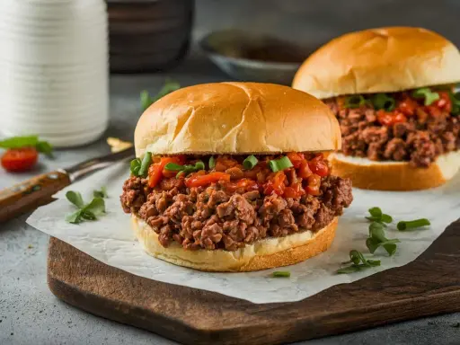 Zwei saftige Sloppy Joes auf einem Holzbrett, garniert mit Frühlingszwiebeln und Tomaten.
