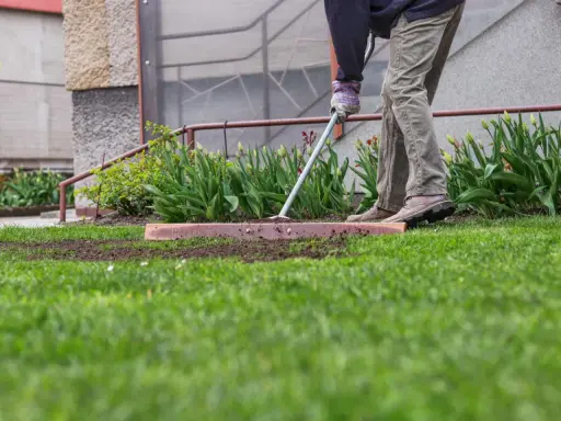 A person rakes soil to fix a bumpy lawn, preparing the ground for new grass.