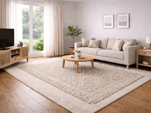 Vardagsrum med soffa, soffbord och TV-bänk. En stor, mönstrad matta ligger ovanpå en större, enfärgad matta.