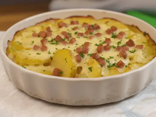 Plat gratiné de pommes de terre, lardons et persil, prêt à déguster. Une délicieuse truffade recette.