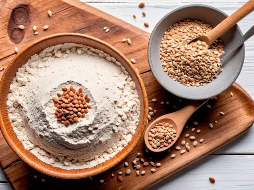 Farine au froment ou au blé noir dans un bol en bois, garnie d'amandes. Des graines sont dans des cuillères et sur un plateau.