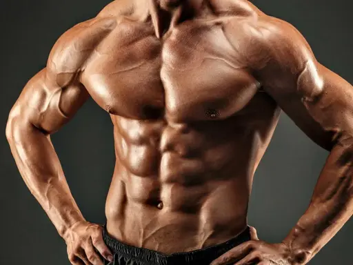 Ein Mann mit einem definierten Sixpack und starker Brustmuskulatur, das Ergebnis harter Arbeit und Disziplin.