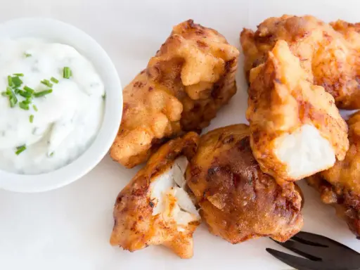 Knusprig frittierte Fischstücke, perfekt für ein Kibbeling Rezept, mit einem cremigen Dip mit Schnittlauch.