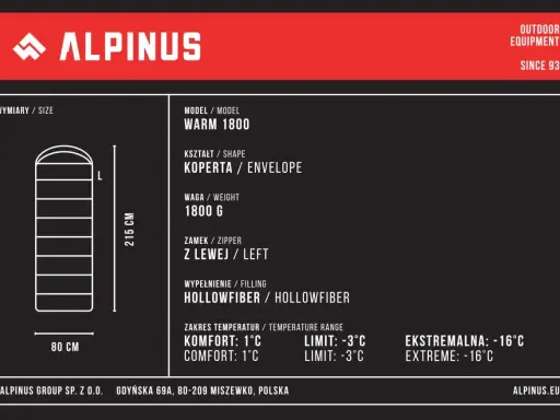 Śpiwór Alpinus Warm 1800, kształt koperty, waga 1800g. Zakres temperatur komfort: 1°C, limit: -3°C. Idealny na chłodne noce.