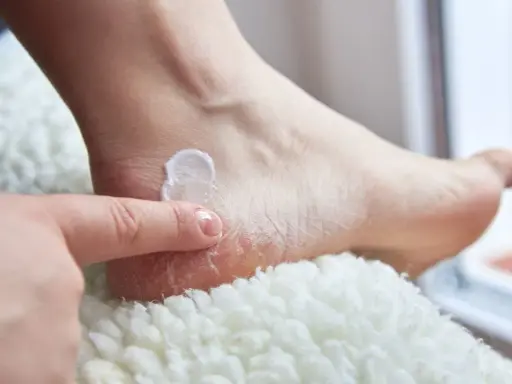 Application d'une crème pour soigner une crevasse au talon, un conseil de podologue pour retrouver des pieds doux.