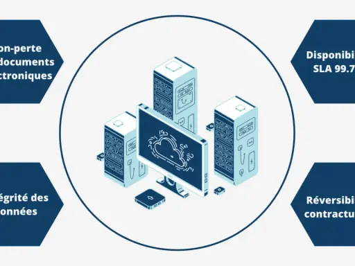 Illustration d'une solution SAE : serveurs, écran affichant un nuage, et des hexagones détaillant la non-perte des documents, l'intégrité des données, la disponibilité SLA 99.7% et la réversibilité contractuelle.