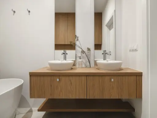 Nowoczesna łazienka z dwoma umywalkami na drewnianej szafce. Minimalistyczny design, białe ceramika i ciepłe drewno tworzą harmonijną przestrzeń.
