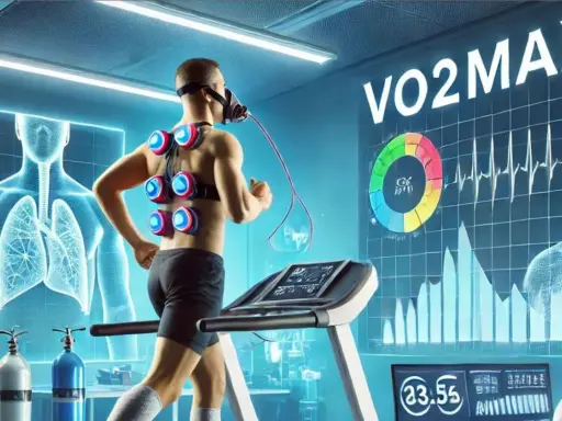 Läufer auf Laufband mit Maske und Sensoren zur Messung des VO2max. Grafiken zeigen Lunge und Herzfrequenz.