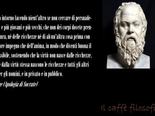 Busto di Socrate, con citazione da Platone sull'importanza della virtù e del pensiero socratico.
