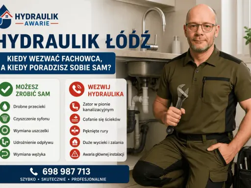 Hydraulik w Łodzi z kluczem w dłoni, obok zlew i instrukcja, kiedy wezwać pomoc, a kiedy naprawić drobne usterki, np. kapiący kran.