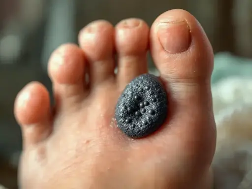 Gros plan sur un pied avec une verrue noire, rugueuse et texturée, parsemée de petits points sombres, posée sur la peau entre les orteils.