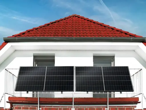 Zwei Solarmodule auf einem Balkongeländer, bereit für maximale Leistung. Das Balkonkraftwerk nutzt die Sonne für saubere Energie.