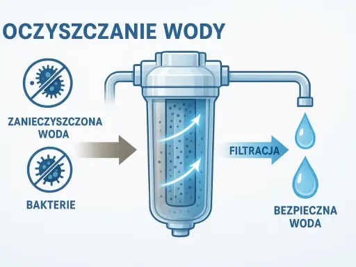 Schemat pokazuje proces uzdatniania wody pitnej. Zanieczyszczona woda z bakteriami przechodzi przez filtr, gdzie następuje filtracja, a na końcu otrzymujemy bezpieczną wodę.