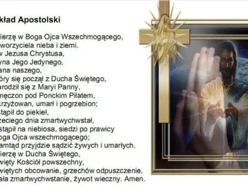 Tekst modlitwy "Wierzę w Boga Ojca Wszechmogącego" z wizerunkiem Jezusa.