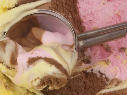 Łyżka do lodów nabiera porcję pysznego, kolorowego gelato. Czy to czekoladowe, truskawkowe, czy waniliowe?