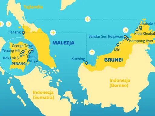 Mapa pokazuje, gdzie leży Malezja, z zaznaczonymi miastami jak Penang, Kuching, Kota Kinabalu, oraz sąsiednimi Tajlandią, Brunei i Indonezją.