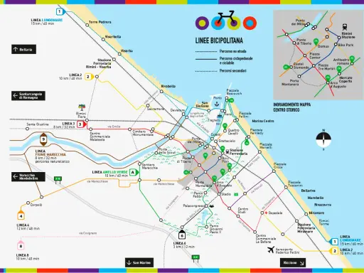 Mappa della pista ciclabile di Rimini con linee colorate che indicano percorsi, fermate e distanze.