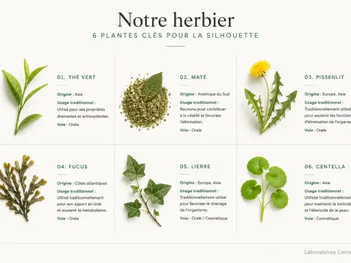 Plantes pour la silhouette : thé vert, maté, pissenlit, fucus, lierre, centella. La phytothérapie pour perdre du poids utilise ces plantes pour leurs bienfaits.