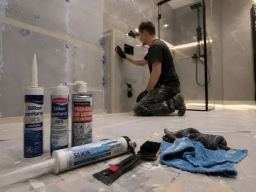 Narzędzia do usuwania silikonu sanitarnego i preparat do rozpuszczania silikonu. W tle mężczyzna pracuje przy łazience.