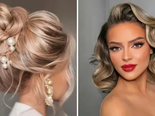 Eleganckie fryzury na wesele jako gość: upięcie z perłami i fale w stylu retro. Idealne inspiracje na ślubną stylizację.