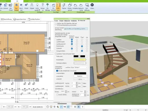 Eine Holztreppe wird in einem 2D-Grundriss und 3D-Modell gezeichnet. Die Einstellungen für die Treppendarstellung sind sichtbar.