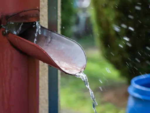 Agua de lluvia cayendo de una canaleta roja hacia un barril azul, una forma práctica de saber como recoger agua de lluvia en un terreno.