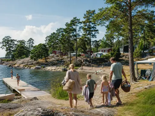 Familj på väg mot vattnet för roliga aktiviteter barn. Soligt, skärgårdsmiljö med röda stugor och camping.