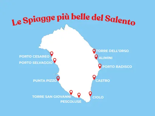 Mappa del Salento con pin che indicano le spiagge più belle, come Torre dell'Orso e Pescoluse, ideali per godersi la sabbia dorata.